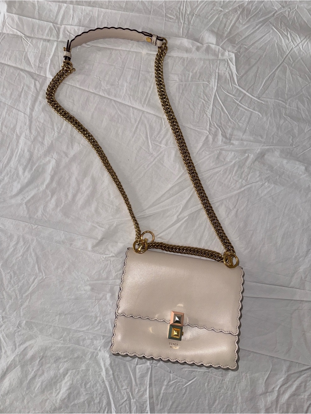 Fendi Cream Scalloped Leather Shoulder Bag with Gold Chain